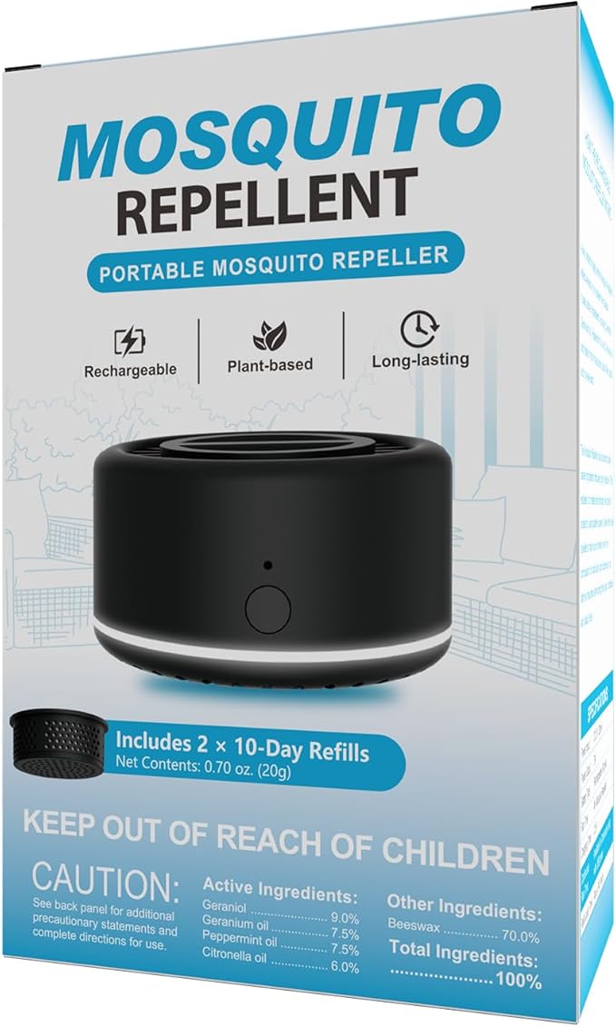 Mosquito Repellent Outdoor Patio, Recharageable Mosquito Repeller 2 Plant-Based Refills, Ready-to-use Mosquito Repeller Device for Camping Outing(Black, Pack of 1)