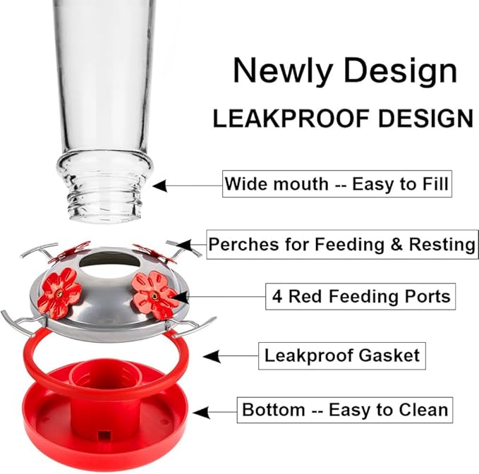 Window Hummingbird Feeder with 5 Strong Suction Cup 32 Ounces Colorful Hand-Blown Glass Hummingbird Feeder for Outdoor Patio Hanging Windows Mount (Transparency)