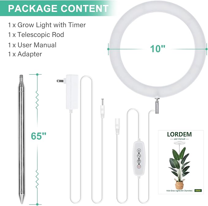 LORDEM 10" Grow Light for Indoor Plants, Full Spectrum Plant Lamp with 160 LEDs, 4H/8H/12H Timer, 6 Dimmable Levels, 3 Spectrum Modes, Height Adjustable 65", Ideal for Growing Large Tall Plants