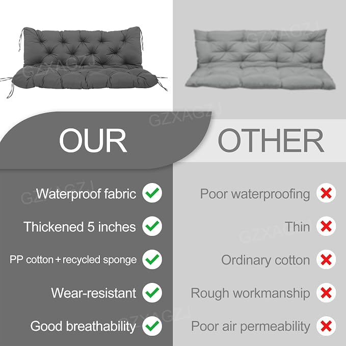 Porch Swing Cushions with Backrest Thicken 5" Outdoor Swing Cushions Waterproof Swing Bench Cushions for Outdoor Furniture Patio Backyard Lawn 2-3 Seater Replacement Cushions (Gray)