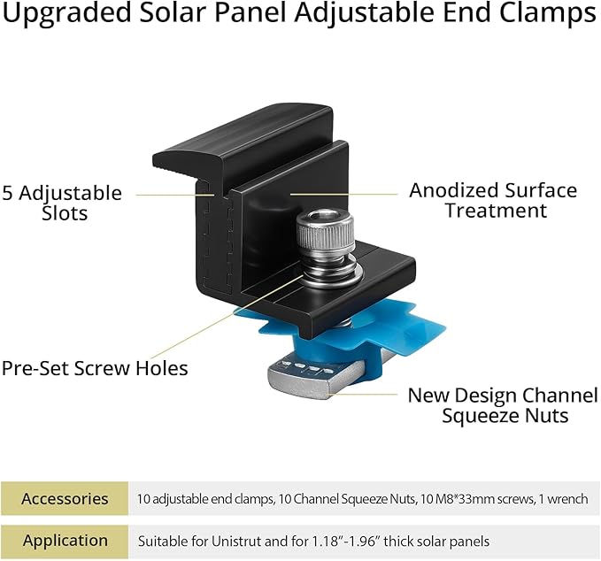 Anbte 10pcs Adjustable Solar Panel End Clamp for Unistrut, 30-50mm Aluminum Solar Panel Mounting Brackets with Nuts Bolts and Wrench, for Metal Roof, Tin Roof, Flat Roof, Sheet Roof, RV, Black