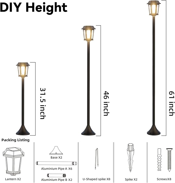 2 Pack Solar Lamp Post Lights Outdoor, 63" Solar Pole Lights for Outside,3000K Warm White Dusk to Dawn Waterproof Floor Lamps for Patio, Yard, Pathway, Driveway