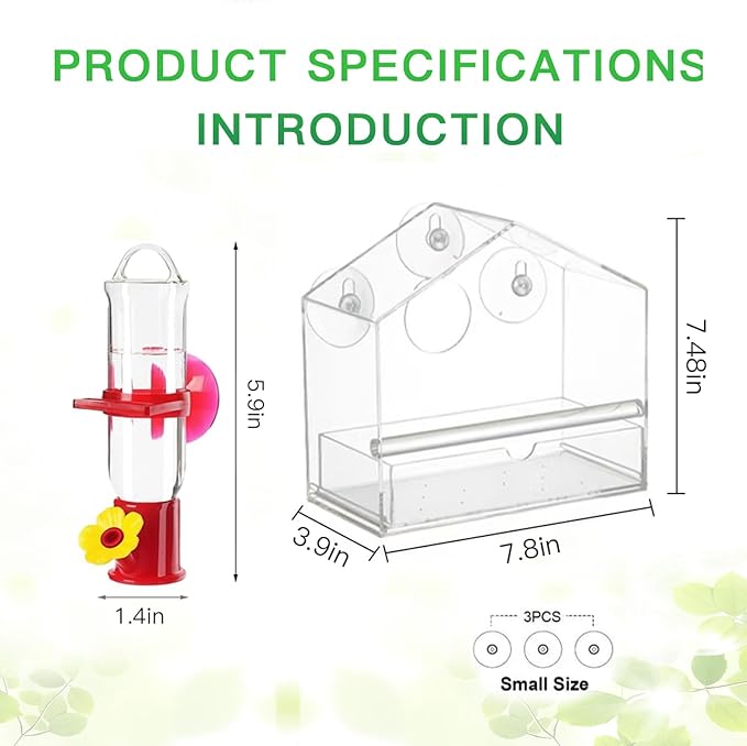 Window Bird Feeder with Hummingbird Waterer(2-Piece Set) - Extra-Large Window for Offer Easy Food & Water Access, Super-Strong Suction Cup, Easy Install & Clean, Sturdy Durable Outdoor Use.
