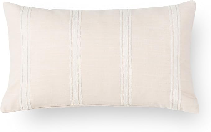 Crumbs Home Modern Farmhouse Fall Linen Indoor Outdoor Lumbar Pillow Cover Only, 12"x20" Water Repellent for Patio, Backyard, Couch, Neutral Beige Embroidered Stripes