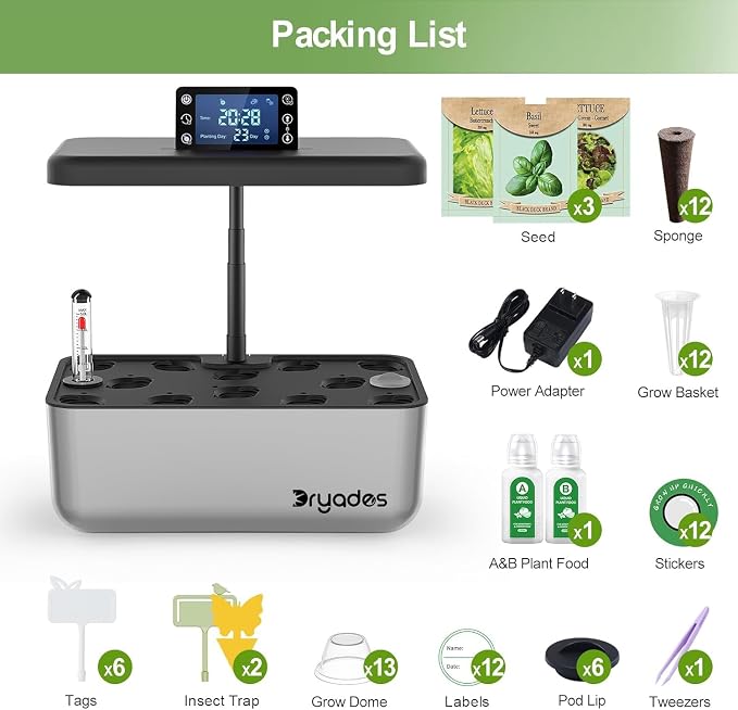 12 Pod Hydroponic Indoor Garden System with Full Spectrum LED Grow Light, Countertop Herb Growing Kit with Seed Starter, Soil-Free Planter for Kitchen, 13.8 x 13.8 x 7.9 Inches, Silver
