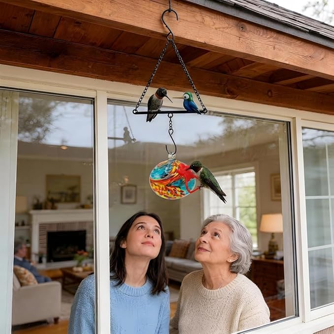 Headak Life Hummingbird Feeder for Outdoors Hanging,Metal Hummingbird Swing with Hand Blown Glass Hummingbird Feeder,Artistic Bird Perch & Garden Decor, Unique Gardening Gifts for Women(Blue)
