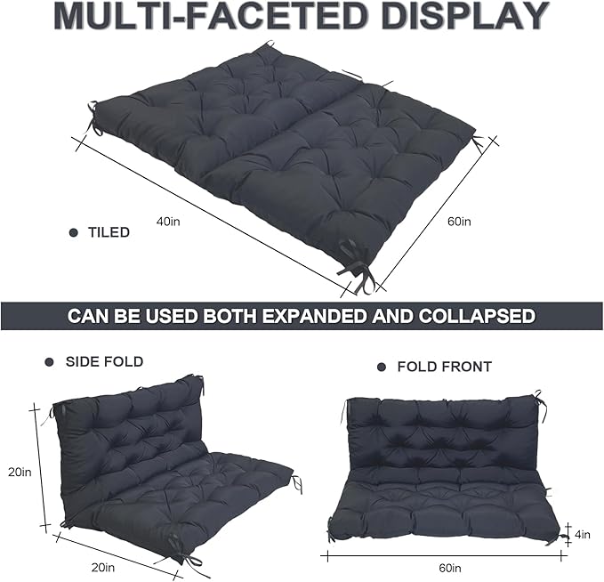 Porch Replacement Swing Cushions for Outdoor: 2-3 Seater Garden Waterproof Patio Bench Cushion with Ties - 4" Thick Swing Chair Cushion for Backyard Furniture Loveseat