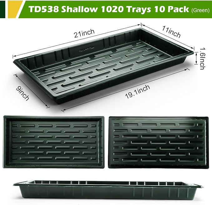 RooTrimmer 10 Pack Heavy Duty 1020 Trays No Holes - 1.6 Inch Deep Shallow Nursery Flats, Reusable Seed Starter Trays for 72/128 Cell Inserts, Microgreens, Seedling and Hydroponics (Dark Green)