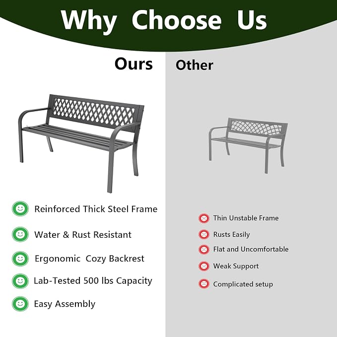 Outdoor Bench 2 Pack, 47" Garden Bench with Plastic Backrest | 2-Person Outdoor Seating Park Bench for Porch, Patio, Lawn, Deck and Entryway, Black