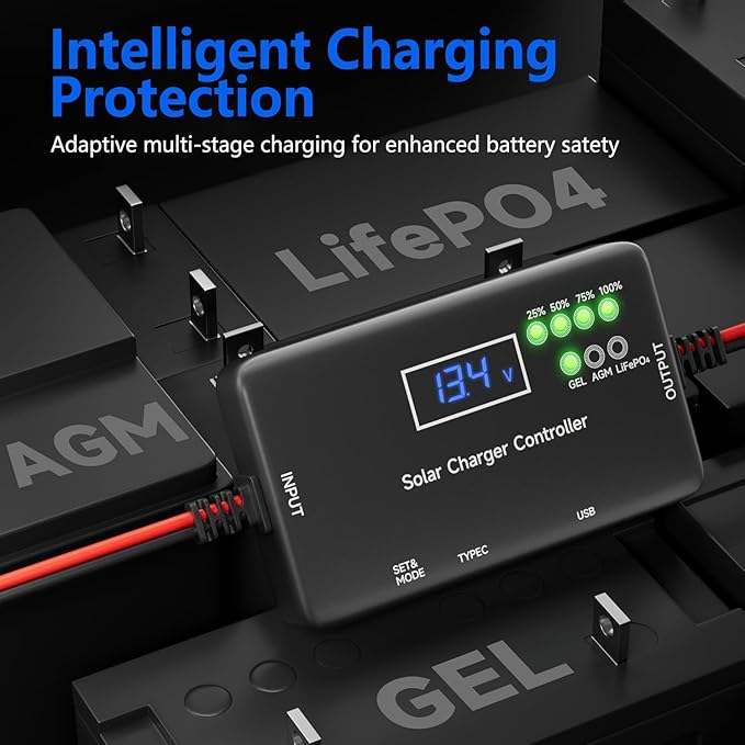 12V 20A PWM Solar Charge Controller with Type-C/USB Output, Compatible with LiFePO4/AGM/Gel Batteries, Zero Drain Tech, Overload & Overheating Protection for Solar Power System