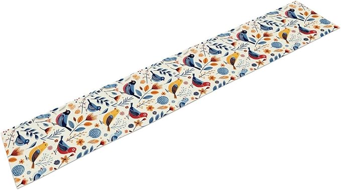 Floral Birds Table Runner, Rustic Seasonal Watercolor Spring Flower Plants Wildfloral Boho Blue Coffee Table Center Decor for Family Kitchen and Dining Farmhouse Party Table Decorations, 13"x108"