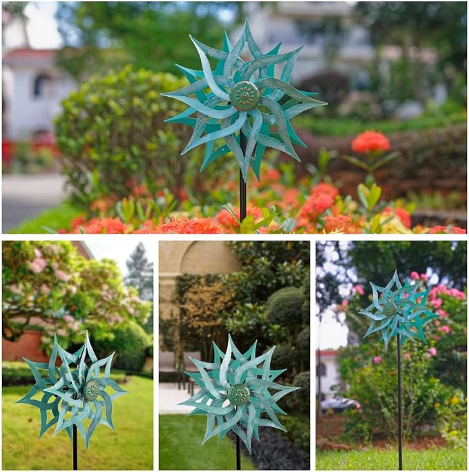 Viveta Metal Wind Spinners,53.5" Kinetic Wind Sculptures,Green Garden Pinwheels Double Layer Windmill for Outdoor Patio Lawn Yard