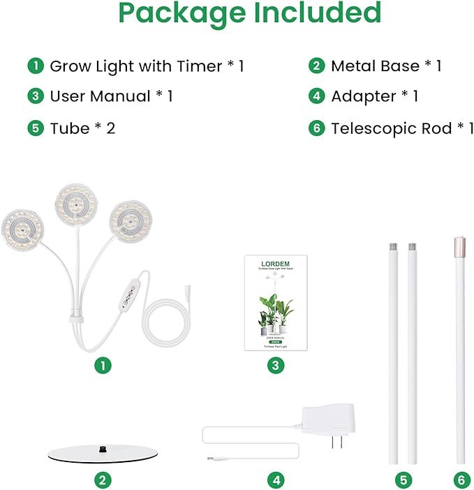 LORDEM Full Spectrum Plant Light for Indoor Growing,Tri-Head Grow Light with Stand for Large Plants,Auto ON/Off Timer 6/8/12/16H, 5 Dimmable Levels, 20-70 inches Adjustable Height