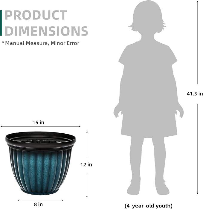 15" Large Flower Pots, Set of 2 Plastic Planters for Outdoor Indoor Plants with 3D Ribbed Textures, Drainage Holes, Weather-Resistant Planters for Porch Garden Patio, Gradient Teal Blue