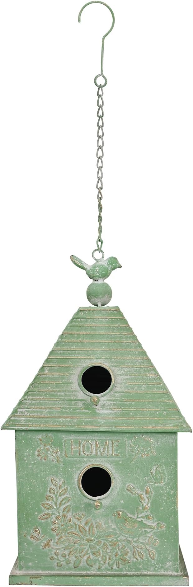 Distressed White Hanging Birdhouse with Home Emblem, Rustic Farmhouse Decorative Bird Nest Box for Outdoor Garden, Patio, Yard, Weathered Bird Shelter for Small Birds (Green)