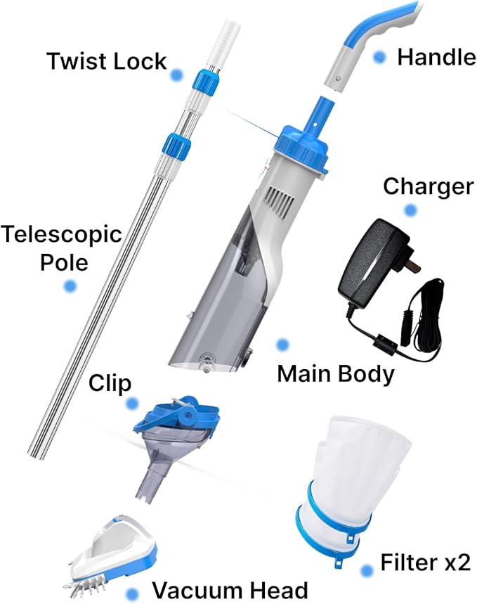 Consciot 2026 Update for Motor, L2 Pool Vacuum for Above Ground & Inground Pools, Rechargeable Handheld Cleaner with Telescopic Pole, 18.5 GPM Suction, 13.4" Head, 60-Min Runtime