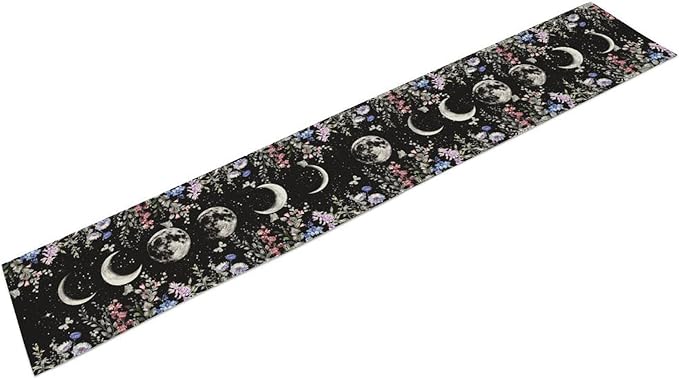 Boho Floral Table Runner, Spring Gothic Wild Flower Moon Phase Seasonal Mystical Witch Coffee Table Center Decor for Family Holiday Party Kitchen Outdoor Farmhouse Table Decorations, 13"x108"