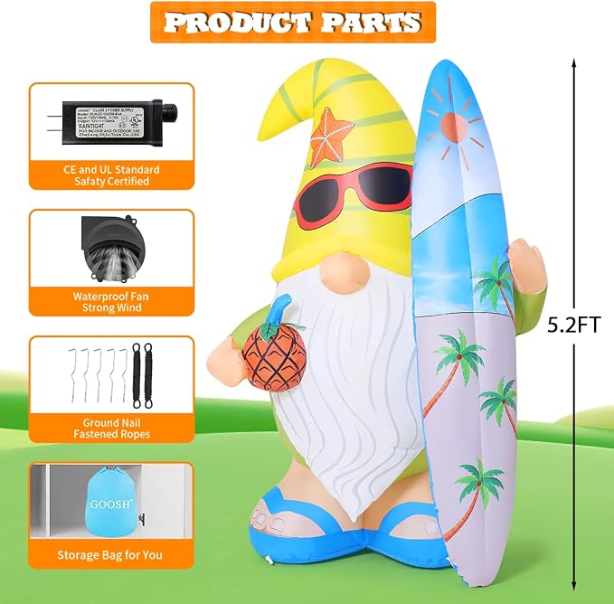 GOOSH 5.2 FT Summer Inflatables Hawaii Gnome Decorations Outdoor Blow Up Yard with Surfboard&Pineapple Built-in LEDs for Garden Lawn Indoor Party Beach Decor