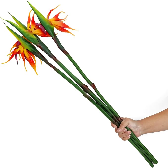 4 Pcs 33.5inch Artificial Birds of Paradise Plant Faux Birds of Paradise Stems Long Stem Fake Tropical Plants for Wedding Party Home Table Centerpiece Indoor Outdoor Vases Decor (Orange)