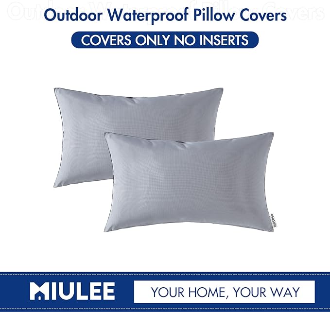MIULEE Pack of 2 Decorative Outdoor Waterproof Pillow Covers Rectangular Garden Cushion Sham Throw Pillowcase Summer Shell for Spring Patio Tent Couch 12x20 Inch Light Grey
