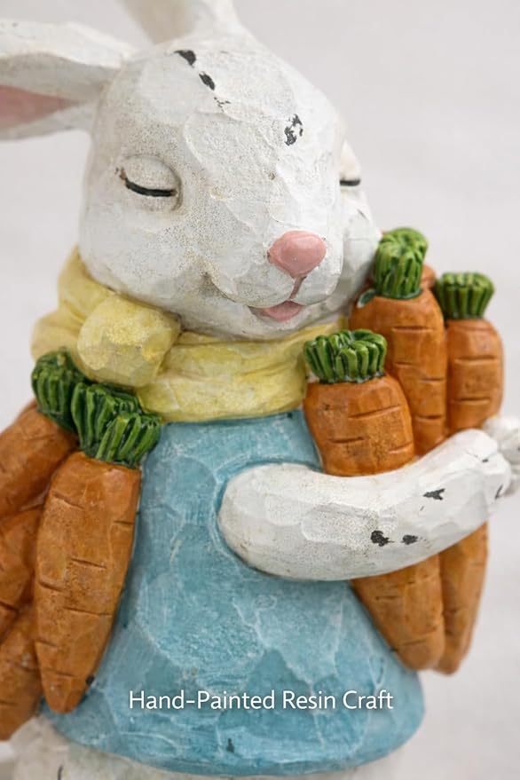 GoGnome Easter Decorations Bunny Resin Figurine with Carrots – 9.3'' Hand-Painted Rabbit Outdoor Statue, Spring Farmhouse Garden Decor for Easter, Mantel, Shelf, or Gift (White/Blue/Orange)