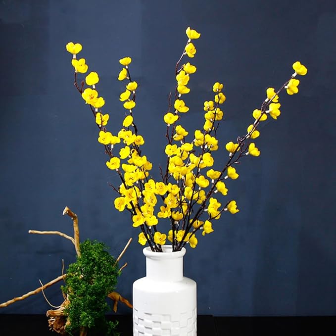 5 Pcs Artificial Plum Blossom Fake Wintersweet Long Stem Plastic Flowers Home Hotel Office Wedding Party Garden Decor 27.5'' High Yellow