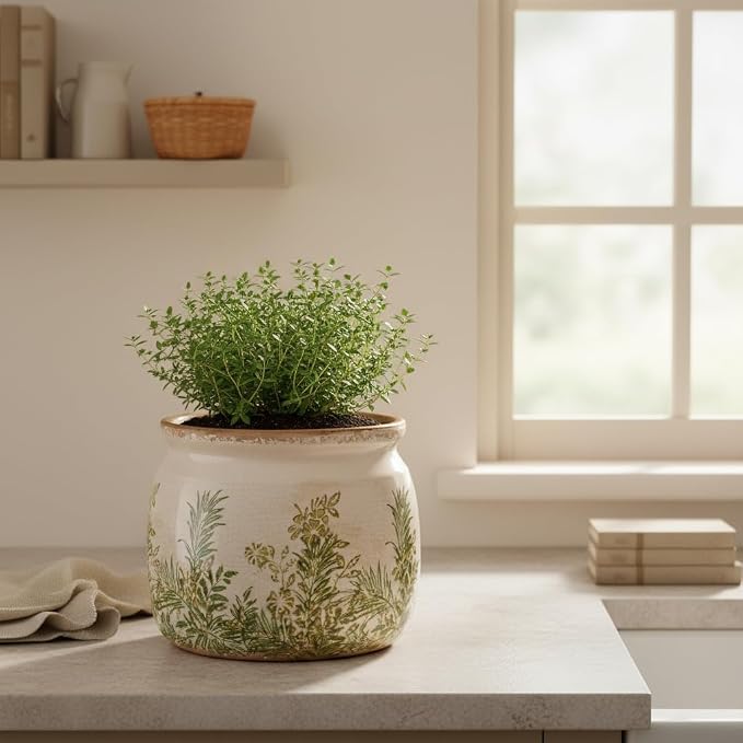 Xiaan Jiaju Cottagecore Ceramic Vase and Planter, Small Herb Pots with Drainage for Indoor Plants, Country Rustic Flower Pot for Kitchen Windowsill Tabletop, Farmhouse Home Decor Gift, Cottage Fern