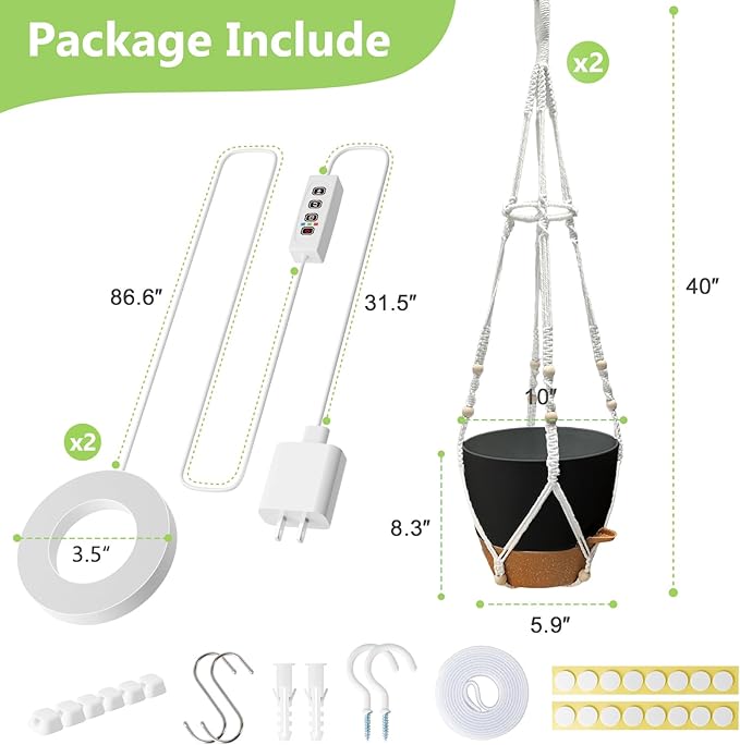 Hanging Planters for Indoor Plants: 2 Pack Macrame Plant Hangers with Grow Lights and Self-Watering Pots, Large Hanging Pots with Drainage Holes & Removable Tray(10in Black Pot, Daylight Spectrum)