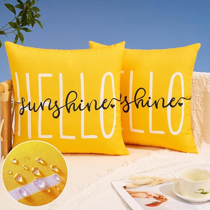 DFXSZ Outdoor Pillow Covers 24x24 Inch Set of 2 Hello Sunshine Decor Yellow Waterproof Throw Pillow Covers Summer Outdoor Waterproof Pillow Covers Decor for Patio Funiture Garden Sofa Couch 020B24