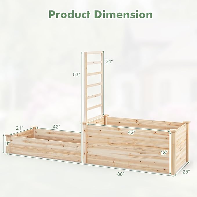 HAPPYGRILL Raised Garden Bed with Trellis, Wood Garden Box w/Open Base Design & 2 Compartments, Outdoor Wooden Planter Box Kit for Vine Climbing, Fruits, Vegetables, Flowers, Herbs, 88" x 25" x 53"