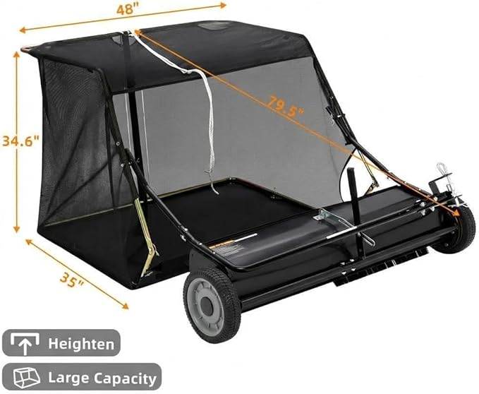 Garvee 48" Tow-Behind Lawn Sweeper – 26 cu.ft. Large-Capacity Pull-Behind Grass & Leaf Collector, Heavy-Duty Adjustable Height, Dumping Rope Design for Easy Debris Disposal, Fits Tractors & ATVs