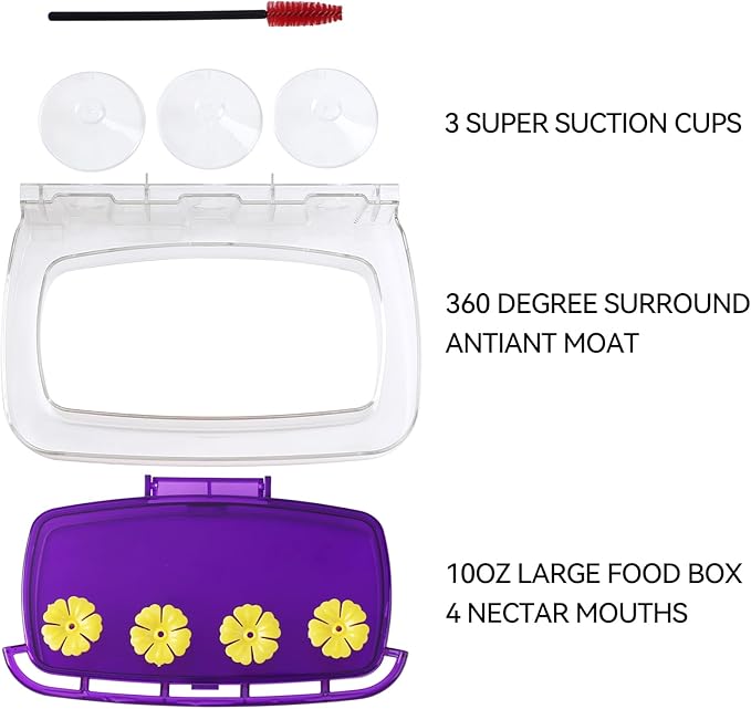 Window Hummingbird Feeder with Strong Suction Cup, Plastic Hummingbird Feeders for Outdoors, Built-in Moat,Easy to Clean and Refil (10oz) (1, Purple)