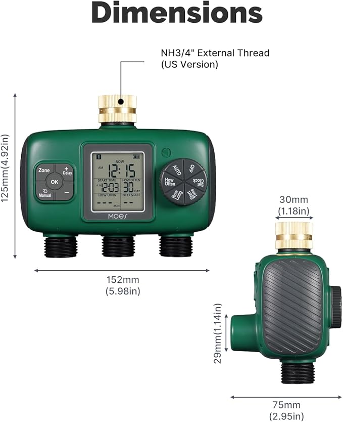 MOES 3 Outlet Sprinkler Timer, Brass Inlet, Programmable Automatic Irrigation Controller, Rain Delay, Manual Watering, 3 Zone Water Hose Timer for Gardens, Lawns