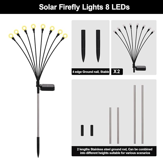 Firefly Lights Solar Outdoor, 8 Modes 800mAh Swaying Solar Firefly Garden Lights Stakes Outdoor Waterproof for Outside Yard Patio Plant Christmas Holiday Garden Decor Warm White(2 Pack)