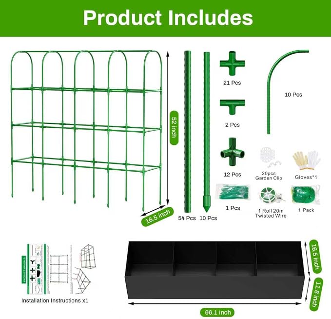 66"×64"×16.5" Cucumber Trellis with Grow Bag, Trellis for Climbing Plants Outdoor,U-Shape Reusable Metal Garden Arch Trellis with Net, for Fruit Flower Support for Pea, Grape Vine Type Plants