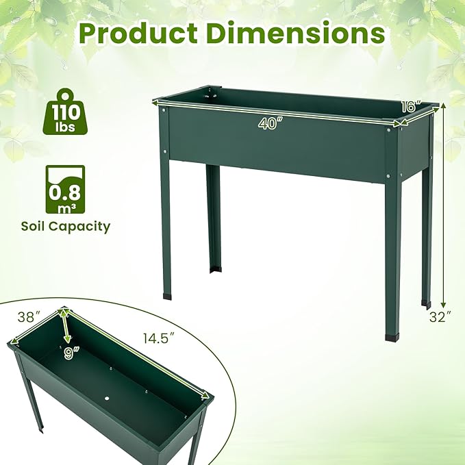 HAPPYGRILL Raised Garden Bed, 31.5” Elevated Planter Box w/Legs, Drainage Hole, Hemming Design, Metal Garden Box for Vegetable Herb, Outdoor Raised Beds for Gardening, Backyard Porch Balcony, Green