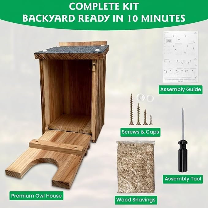 MOONITY Fire-Treated Cedar Owl House with Asphalt Roof – 14" x 9" x 9" All-Season Nesting Box for Screech, Kestrel & More – Durable, Weatherproof & Easy to Install