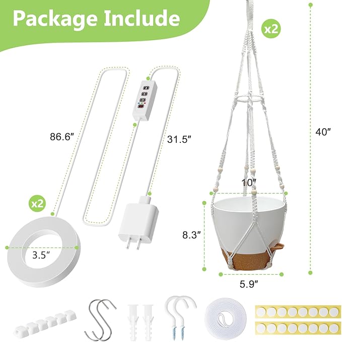 Hanging Planters for Indoor Plants: 2 Pack Macrame Plant Hangers with Grow Lights and Self-Watering Pots, Large Hanging Pots with Drainage Holes & Removable Tray(10in White Pot, GrowPro Spectrum)