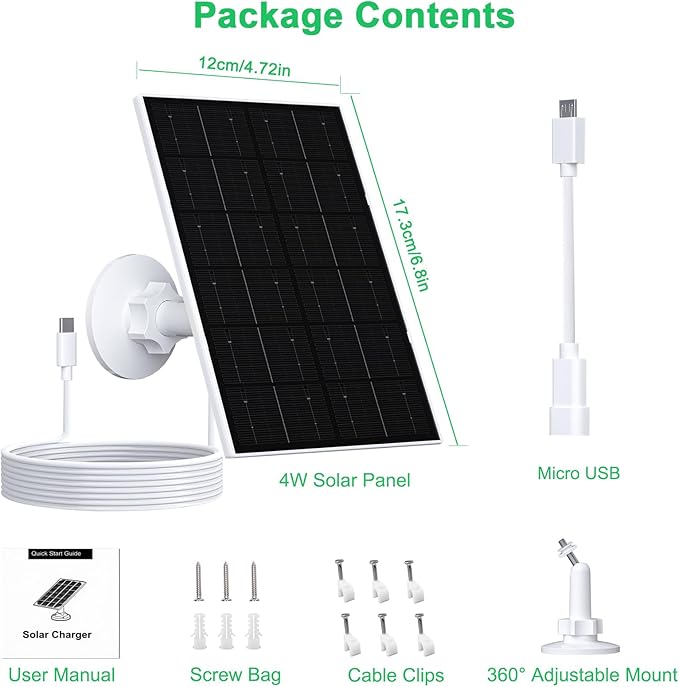 FUTUREZEN 4W Solar Panel for Security Camera, Type-C/Micro USB Solar Charger for Rechargeable Battery Cameras, IP66 Waterproof, 360° Adjustable Bracket, 9.8ft Cable for Outdoor Use, 1 Pack