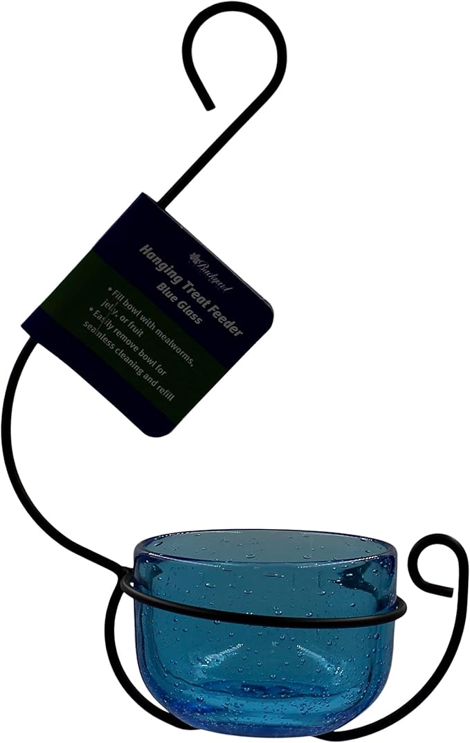 Bluebird Mealworm Feeder - Sparkling Blue Glass Bowl with Decorative Hanging Hook - Removable Cup for Easy Cleaning - Dried or Live Mealworm Feeder for Bluebirds Outdoors