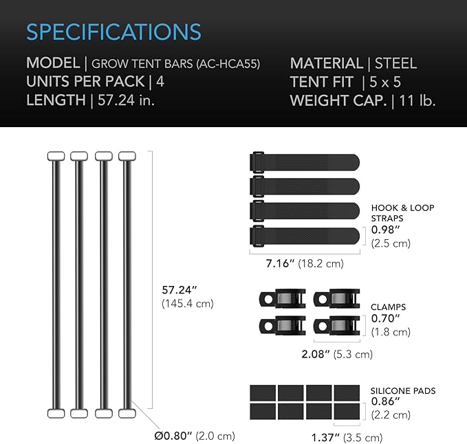 AC Infinity Heavy-Duty Grow Tent Mounting Bars 5x5', High Airflow CFM Kit Prevents Walls from Sucking in, Trellis and Supplemental Lights Mounting for All 5x5 Indoor Grow Tents