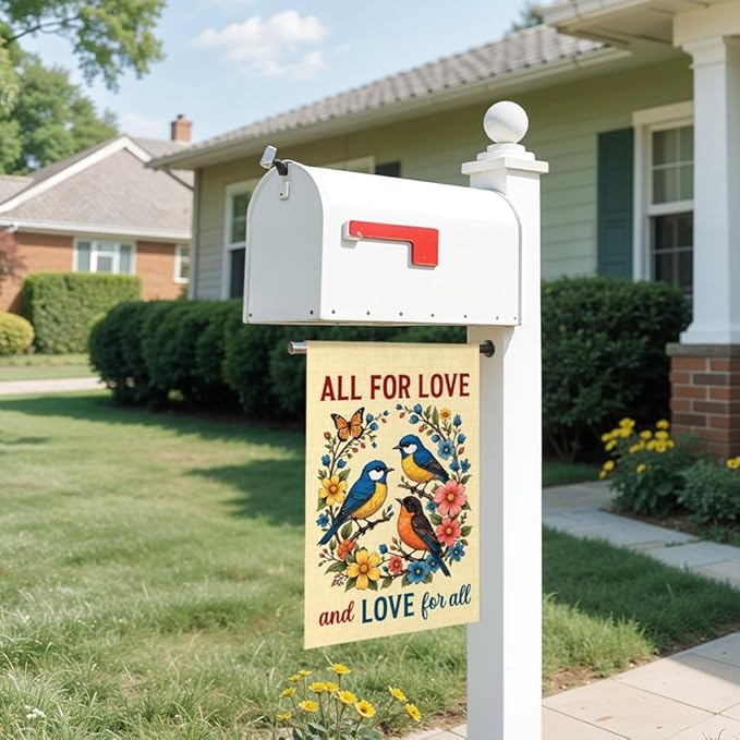 All For Love And Love For All Garden Flag Double-Sided Yard Outdoor Decoration 12x18 Inch, Bird Flower Autumn Garden Flag, Inclusion Kindness Equality Pride Month Decoration Banner