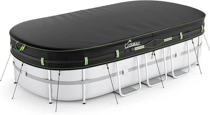 UIRWAY 10x16 FT Oval Pool Cover with Reflective Strips for Above Ground Pool, Oval Solar Pool Cover Including Windproof Rope Tie and Luminous Ground Nails, Swimming Pool Cover with 2 Handles