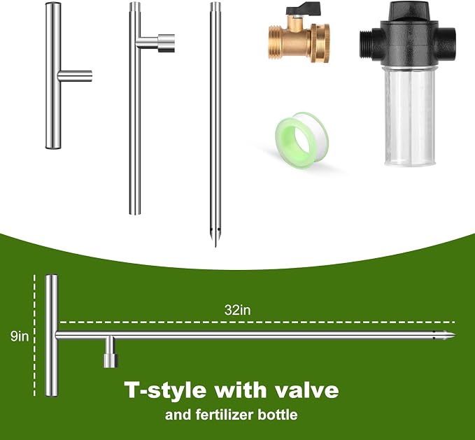 Deep Root Watering Tool for Trees & Plants, Tree Watering Spike, Stainless Steel Root Feeder with Fertilizer Bottle for Tree Watering Irrigation System with Brass Valve, T-Handle
