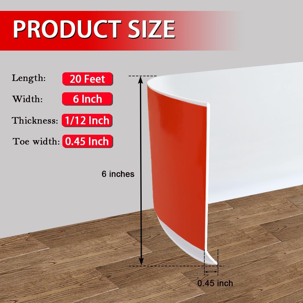 Vinyl Wall Base Baseboard Molding Trim 6" Flexible Self Adhesive Rubber Wall Base Moulding Trim Peel and Stick Design, 6 Inch x 20 Feet, White