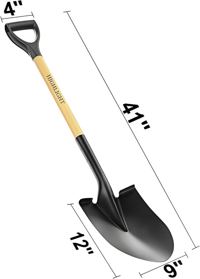 Heavy Duty Garden Shovel for Digging, 41 Inch Round Point with D-Handle, Cold Rolled Steel Blade - for Edging, Trenching, Transplanting, Snow Removal - Wood Handle for Camping, Beach, Car Emergency