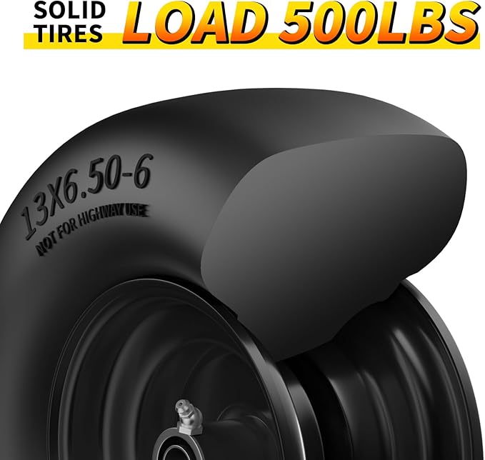 RONPOW 13x6.50-6 Lawn Mower Flat Free Tires and Wheels, 13x6.5-6 Heavy Duty Solid Front Tire for Zero Turn Mowers, 500Lbs Load, Universal 3/4", 5/8" and 1/2" Bearings, 5.51"-7.91" Hub, 2Pack Black