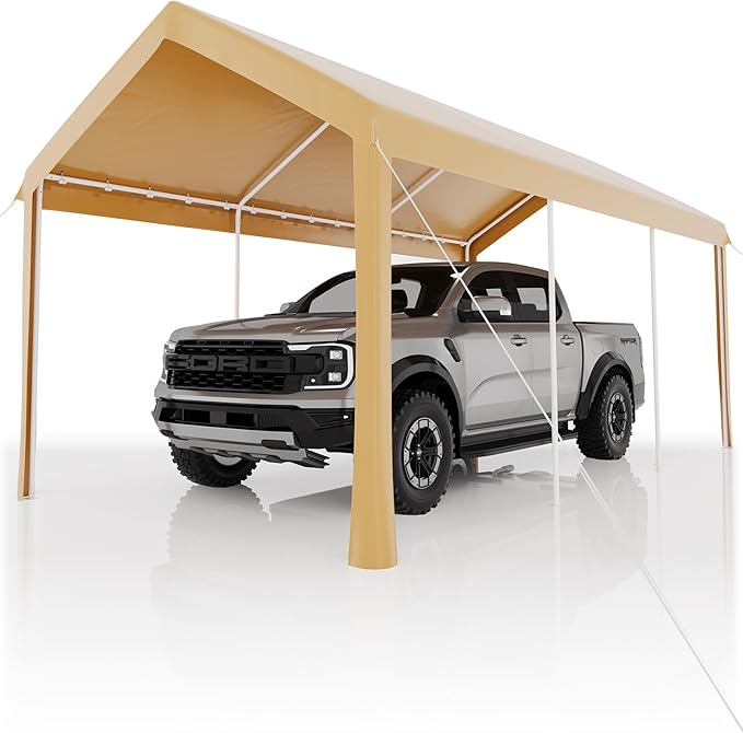 10X20Ft Heavy Duty Carport, Portable Heavy Duty Garage Shelter with Powder Coated Steel Frame, Waterproof UV-Resistant Triple-Layer Tarp, Garage Tent for Cars, Trucks and Boats, Yellow