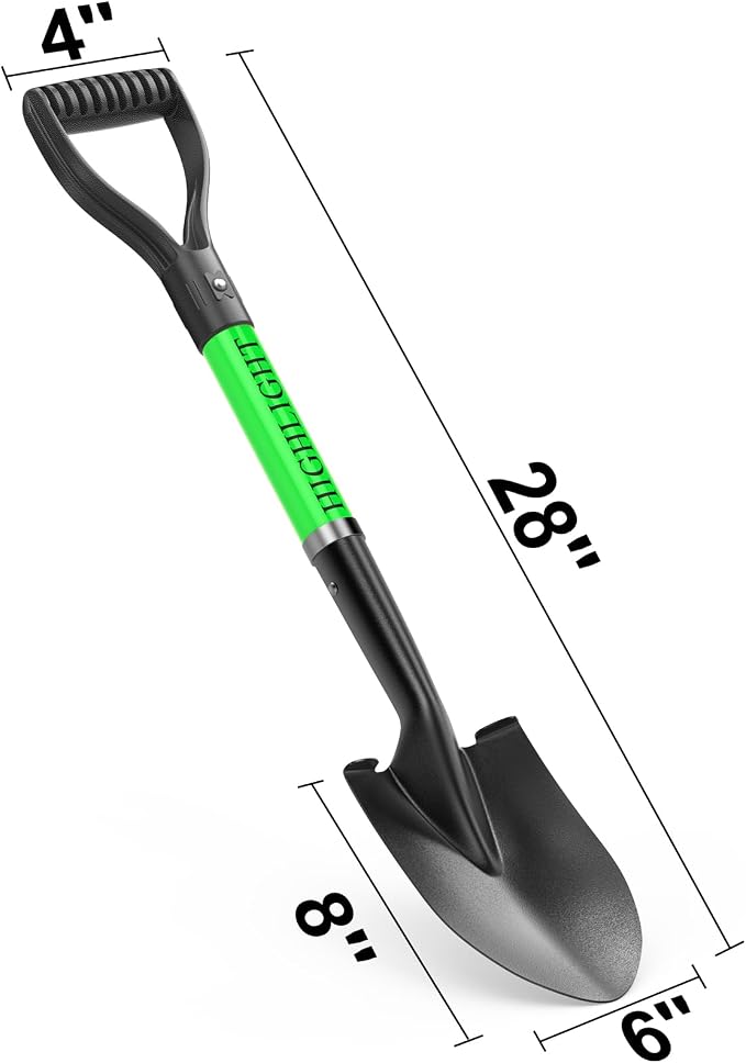 HIGHLIGHT Kids Shovel for Digging, 28-Inch Small Round Point Shovel with Metal Blade and Fiberglass Handle, Mini D-Grip for Gardening, Beach, Camping & Snow, Green