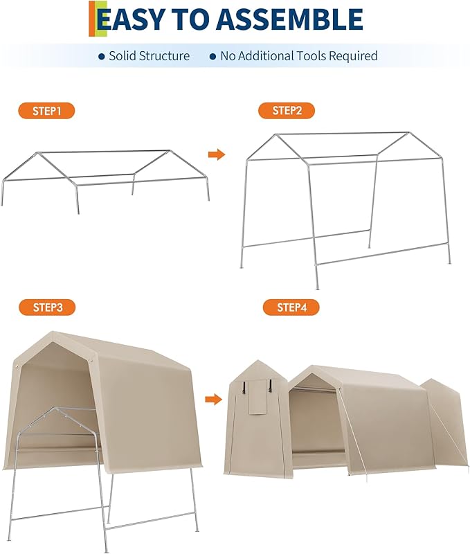 6x8 FT Portable Outdoor Storage Shed with Roll-Up Zipper Door & Vent, 240G Heavy-Duty Shelter Waterproof PE Tarp, UV-Resistant Carport for Motorcycle, Firewood, Tools -Khaki